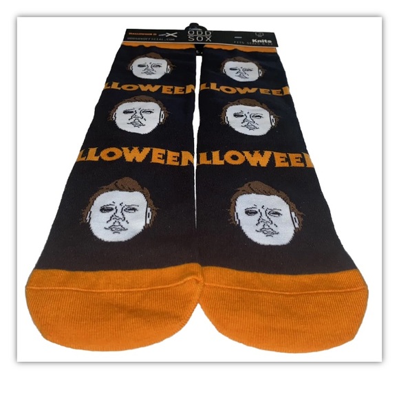 Halloween II Crew Socks 1 Pair Men’s 6-13 Black Orange Michael Myers White Mask - Picture 5 of 6